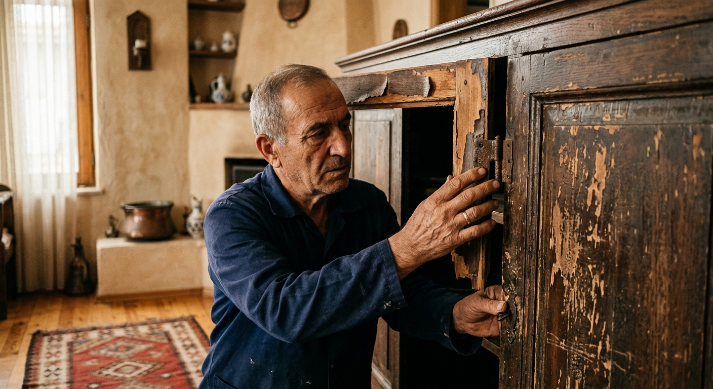 Eski ahşap dolabın onarım öncesi durumu - kaplama soyulmuş ve menteşeleri kontrol edilirken