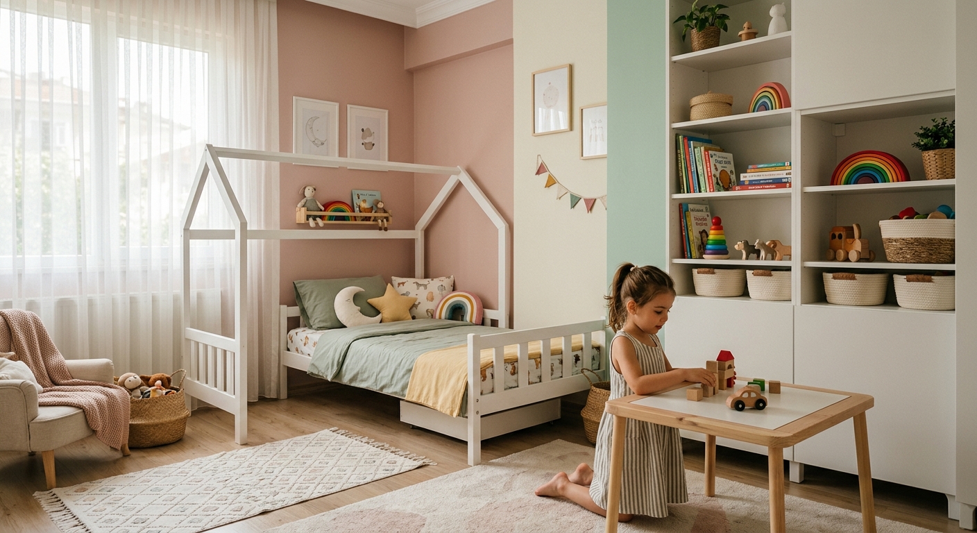 Tamamlanmış çocuk odası - pastel tonlarda duvarlar ve temiz, silinebilir yüzey gösterimi