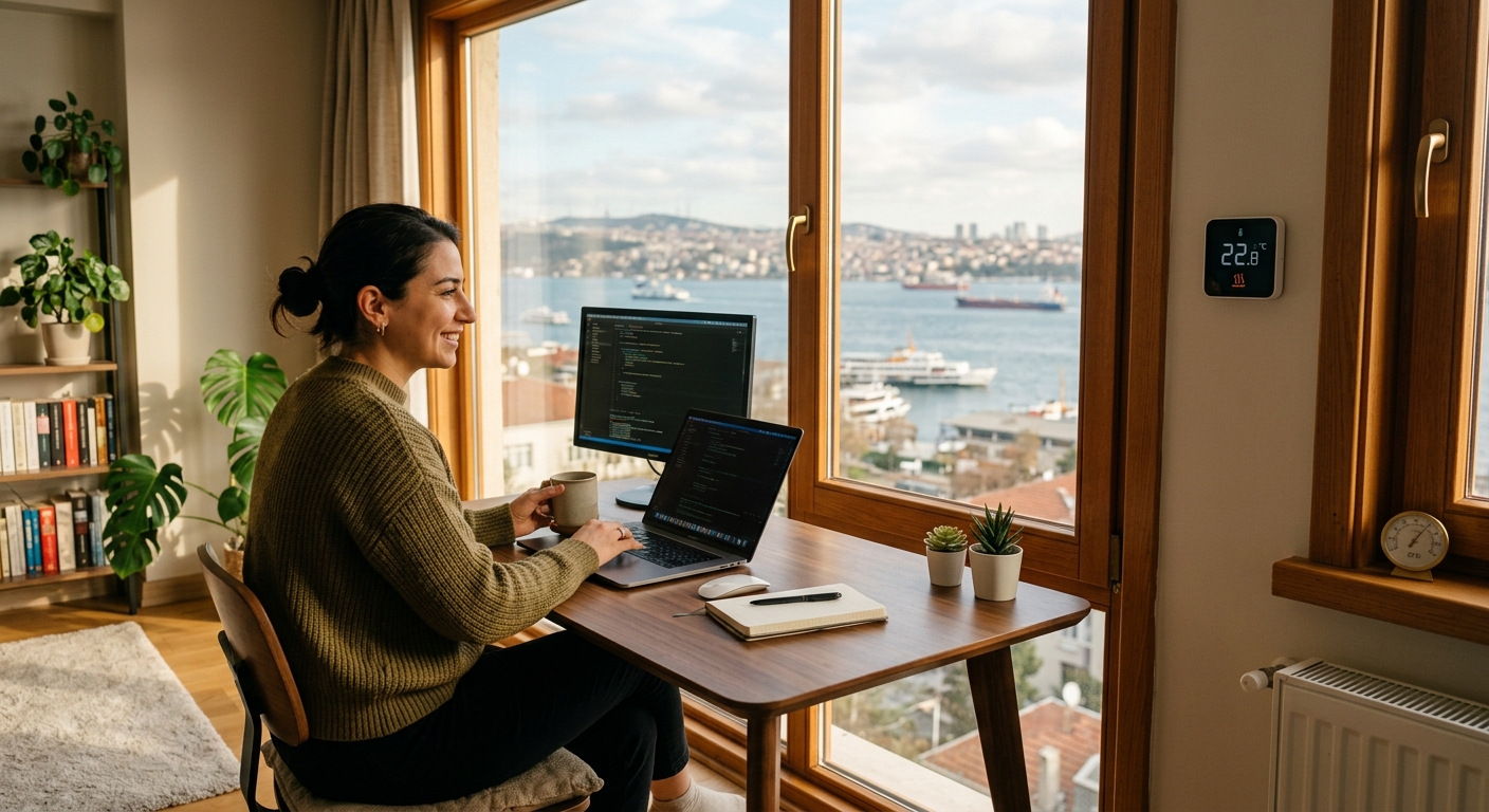 Isıtmalı ve doğal ışık alan modern ofis; görselde pencere kenarı, masa düzeni ve termometre ile termal kontrol gösterimi