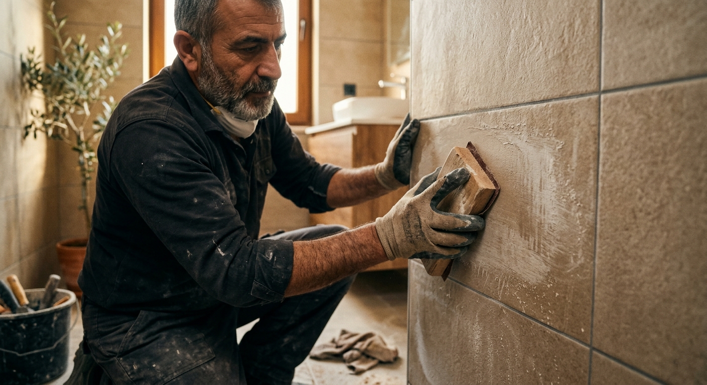 Banyo fayans yüzeyine zımpara uygulaması yapan usta; yakın planda pürüzlendirme işlemi görünmeli