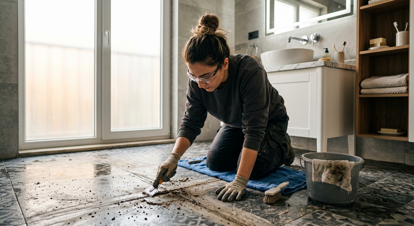 Fayans yüzey hazırlığı: Derz temizliği yapılan banyo, derzlerden kalıntı temizlenirken görüntü