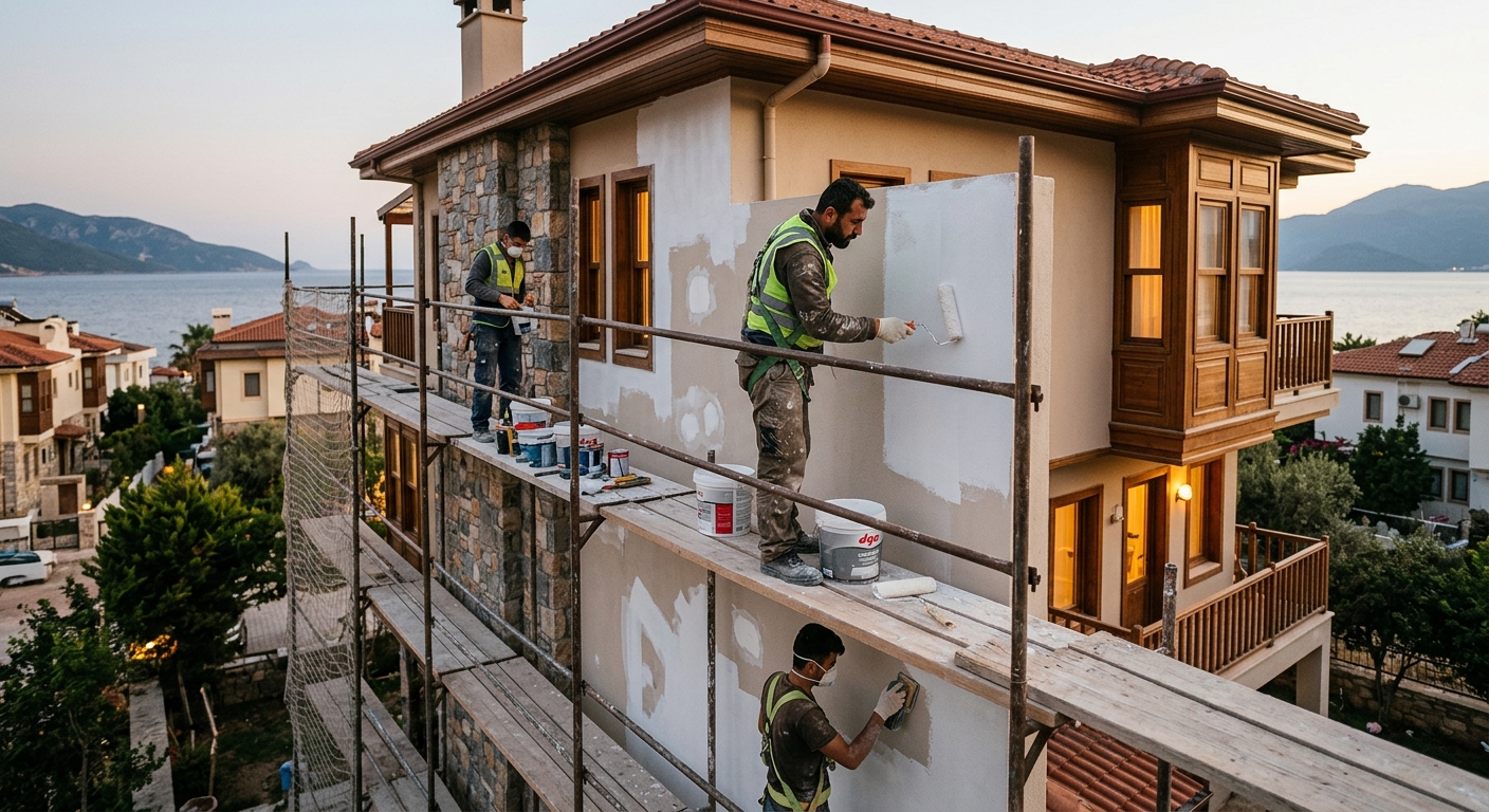 Onarım ve astar uygulaması sahası; iskelede çalışan ekip ve yüzey hazırlığı aşamaları